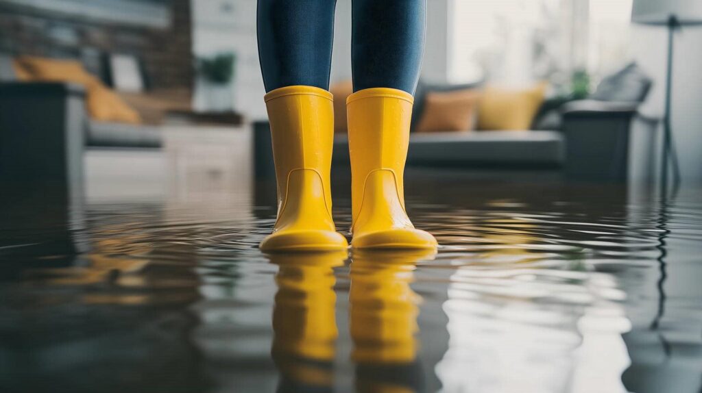 Person wearing yellow rain boots standing in a flooded living room with water covering the floor.