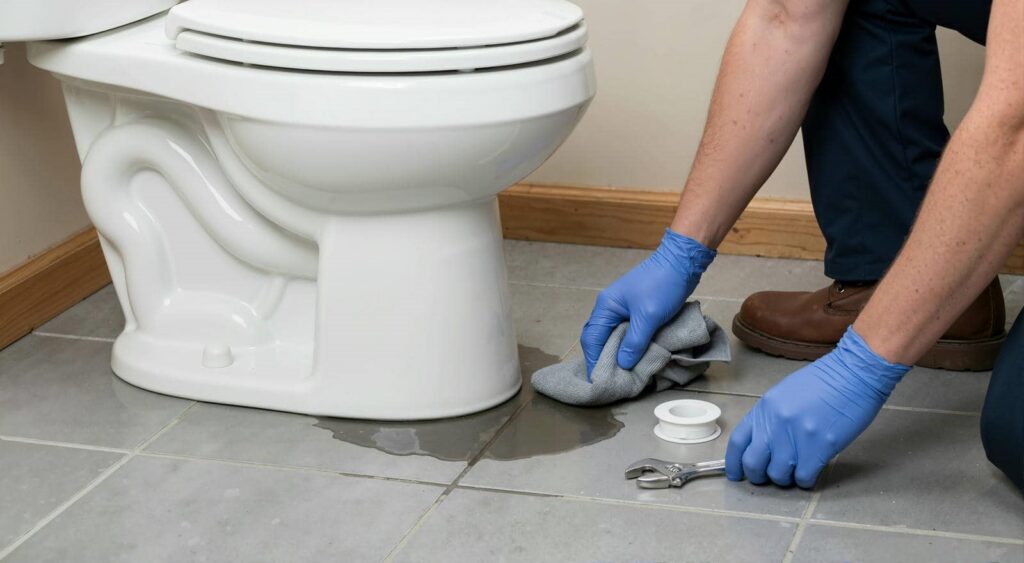 Person wearing blue gloves cleaning water spill near a toilet with a cloth and wrench on tiled floor.