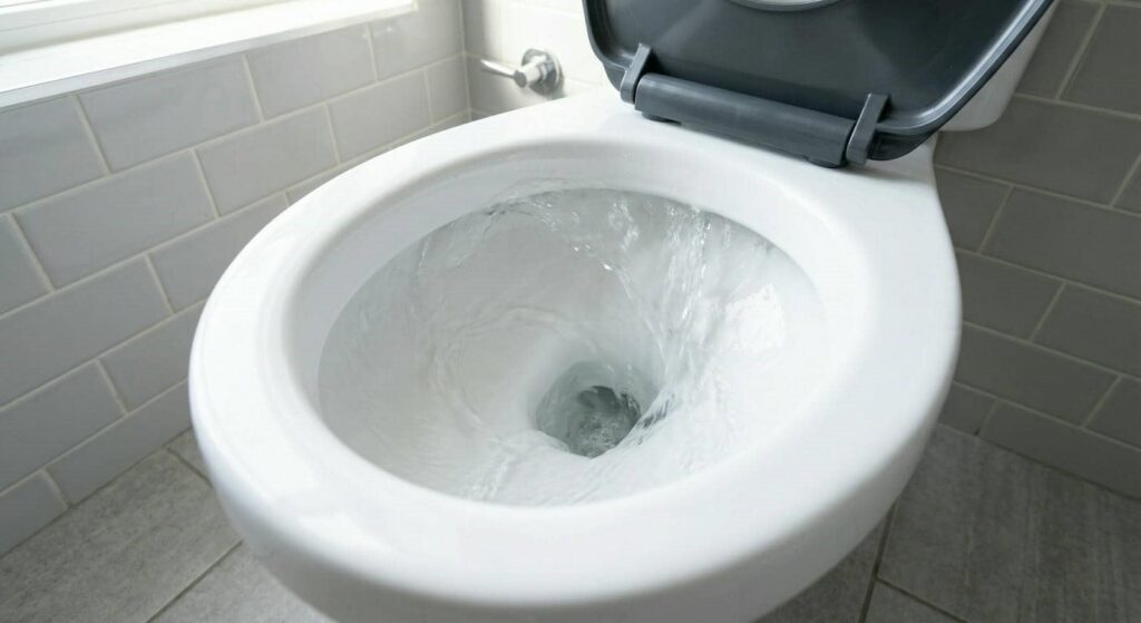 White toilet flushing with water swirling inside the bowl in a tiled bathroom.