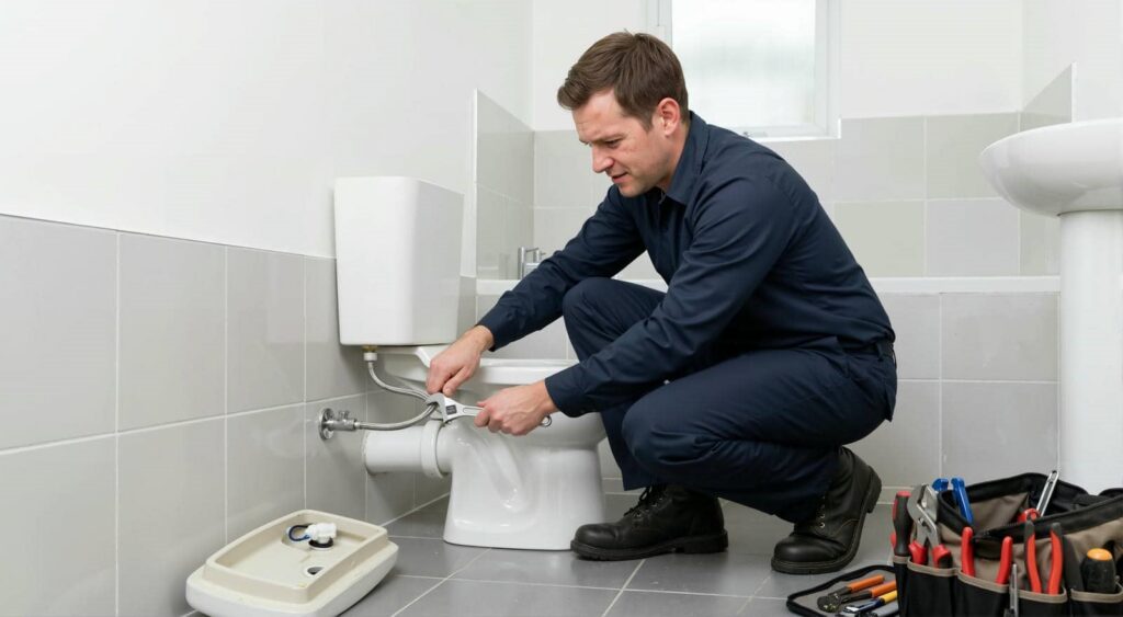 Man in dark clothing fixing a toilet with a wrench in a tiled bathroom.