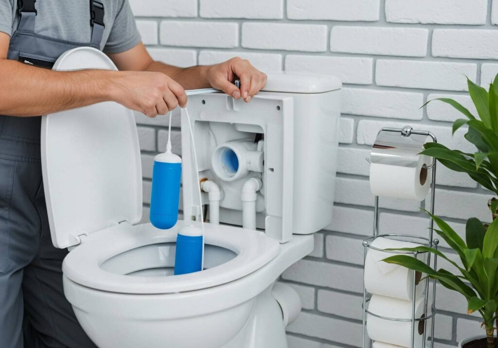 Person repairing a toilet tank with blue float valves inside.