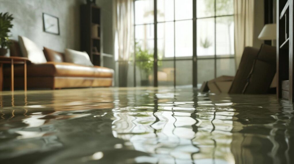 Living room flooded with water nearly reaching the furniture.