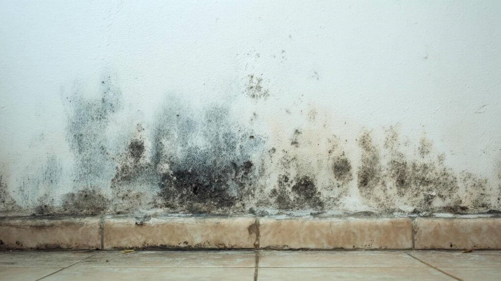 Black mold growth on the lower part of a white wall above tiled flooring.