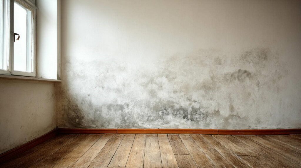 Wall with extensive mold damage near a window in an empty room with wooden floor.