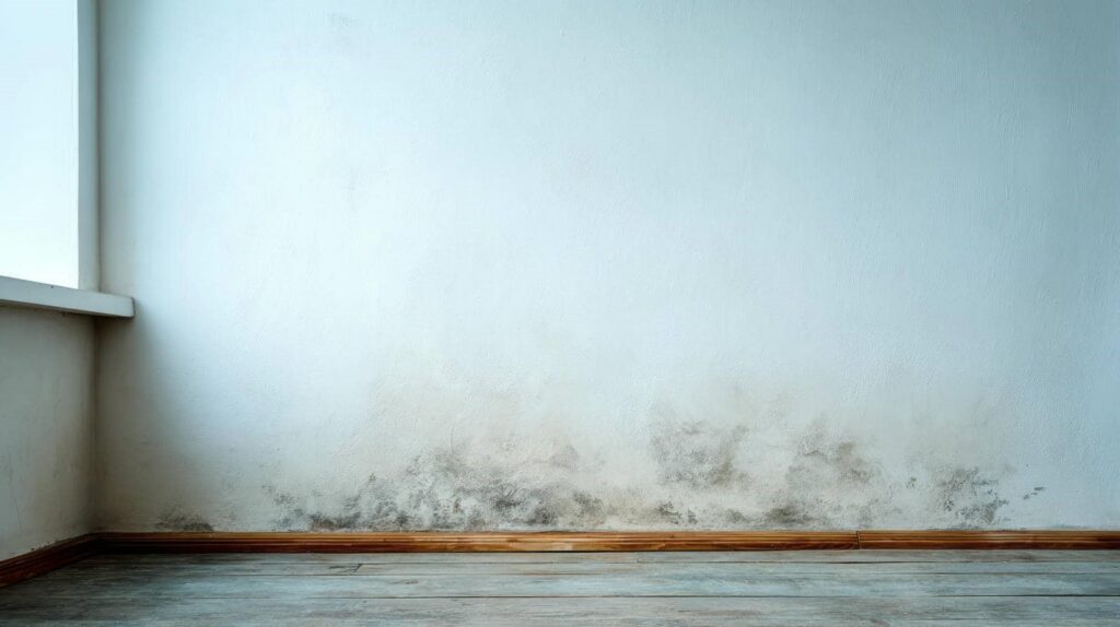 Wall with mold stains near the wooden baseboard on a wooden floor.