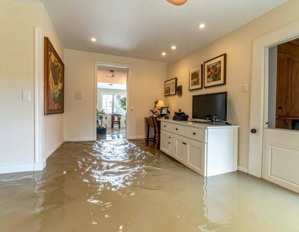 Living room flooded with murky water covering the floor up to the furniture.