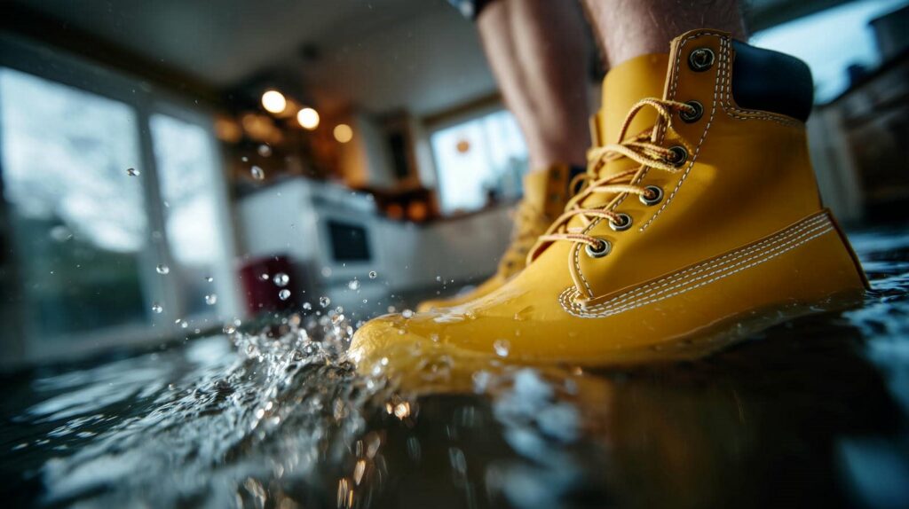Yellow rain boots splashing water indoors on a wet floor.