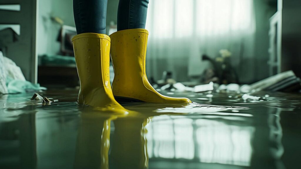 Person wearing yellow rain boots standing in a flooded room with water covering the floor.