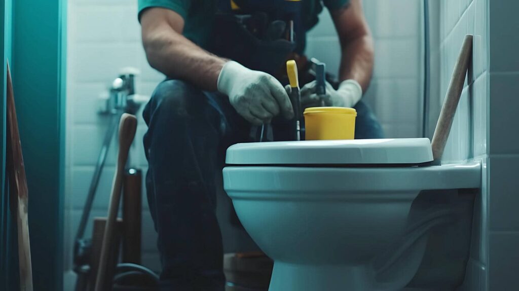 Plumber wearing gloves working on a toilet with tools and a yellow container on the lid.
