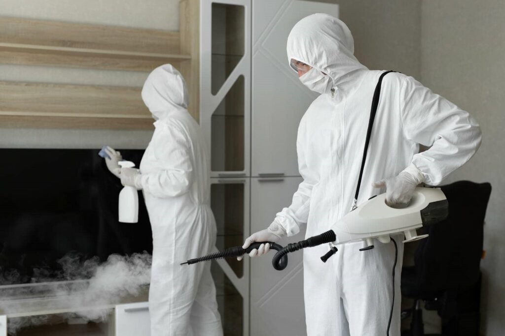 Two people in white protective suits disinfecting a room with spray and fogging equipment.