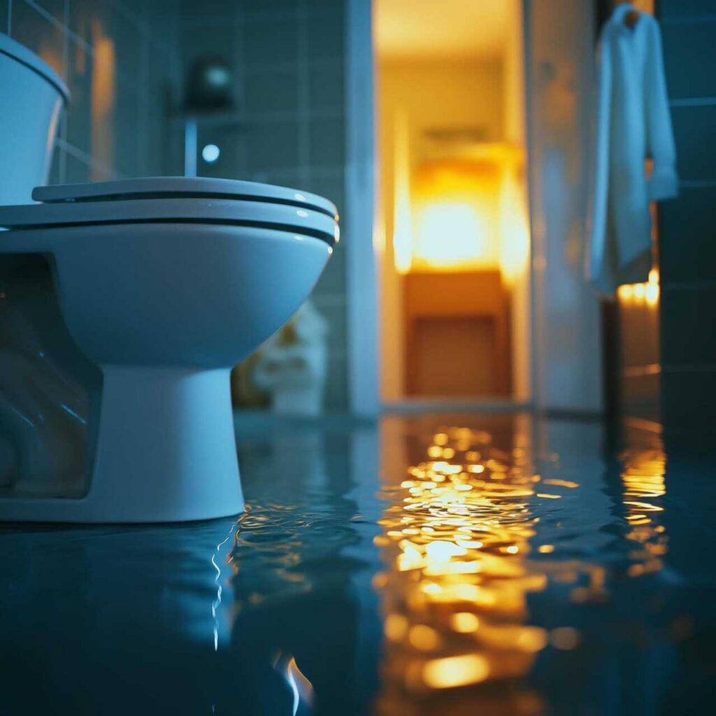 Toilet bowl in a flooded bathroom with water reflecting warm light from an open door.