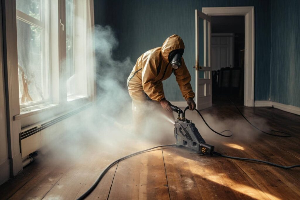 Person in protective suit and mask sanding a wooden floor with a power tool indoors.