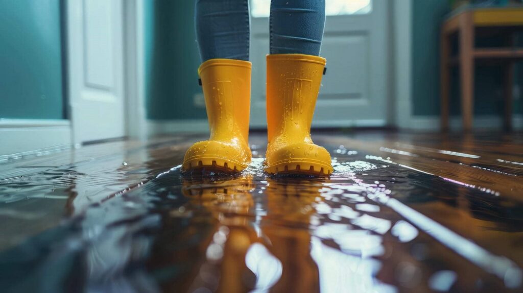 Person wearing yellow rain boots standing on a flooded wooden floor indoors.