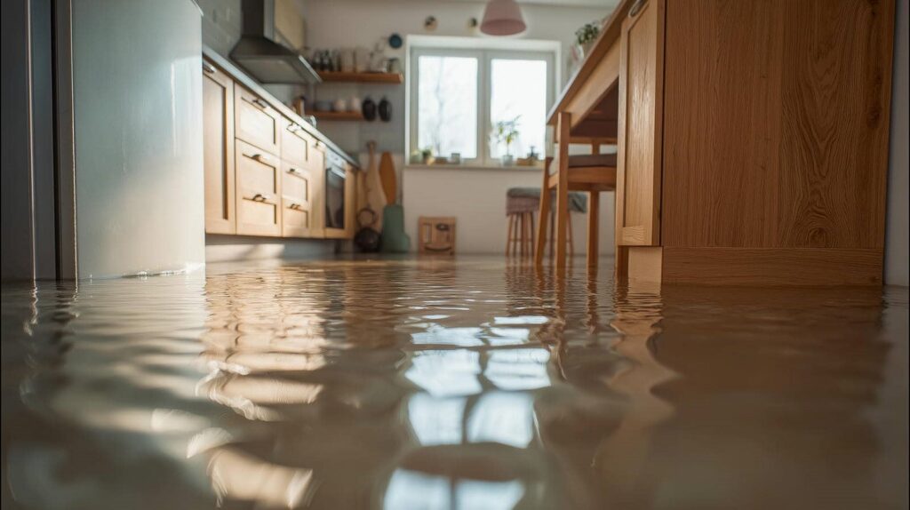 Flooded kitchen with water covering the floor and wooden cabinets and furniture visible.