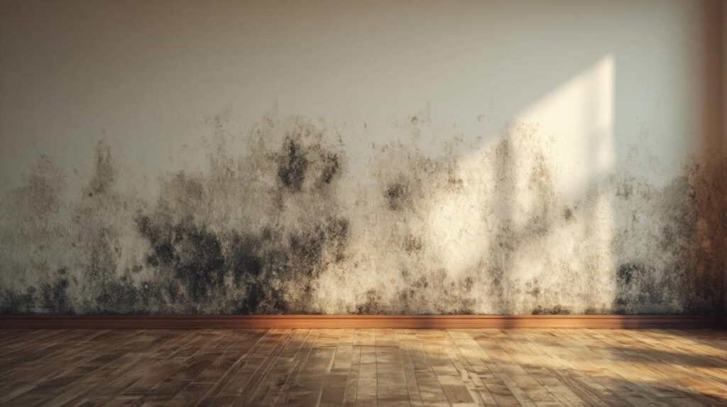 Wall with extensive black mold growth near the floor on a wooden floor surface.
