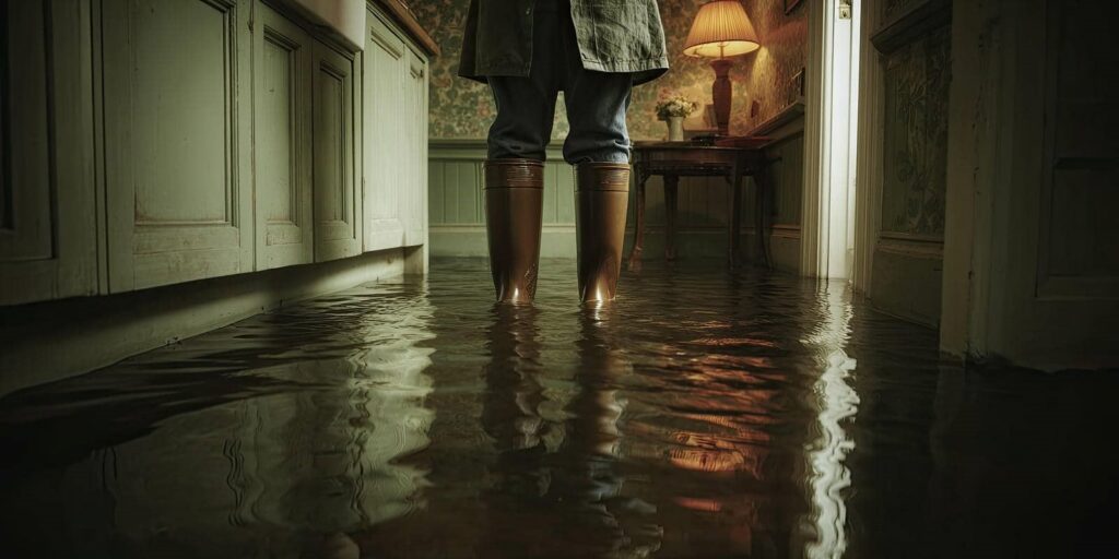 Person wearing boots standing in a flooded room with water covering the floor.
