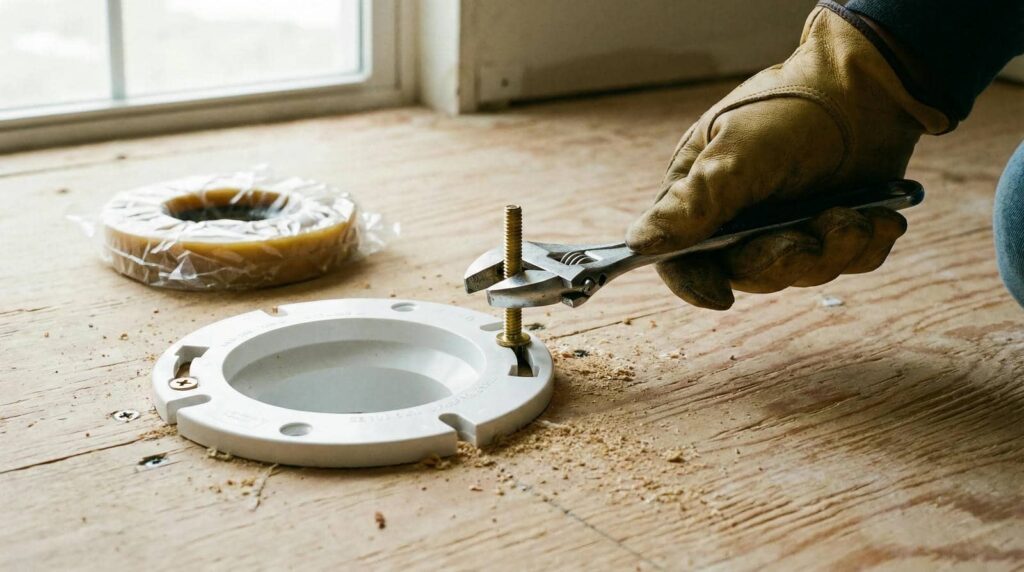 Hand in a glove using a wrench to tighten a bolt on a white plastic flange on a wooden floor.