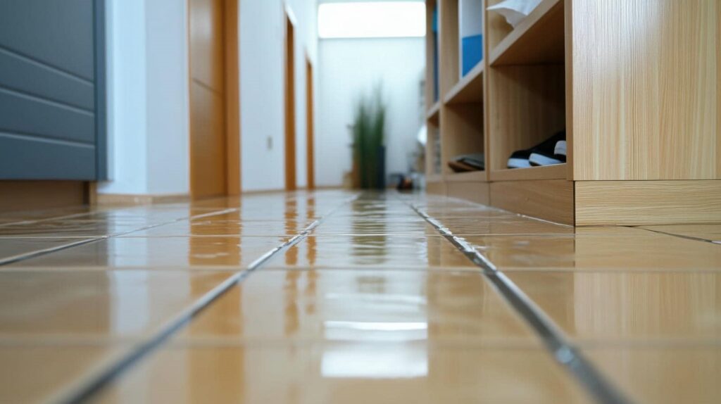 Glossy tiled floor in a hallway with wooden doors and shelves on the sides.