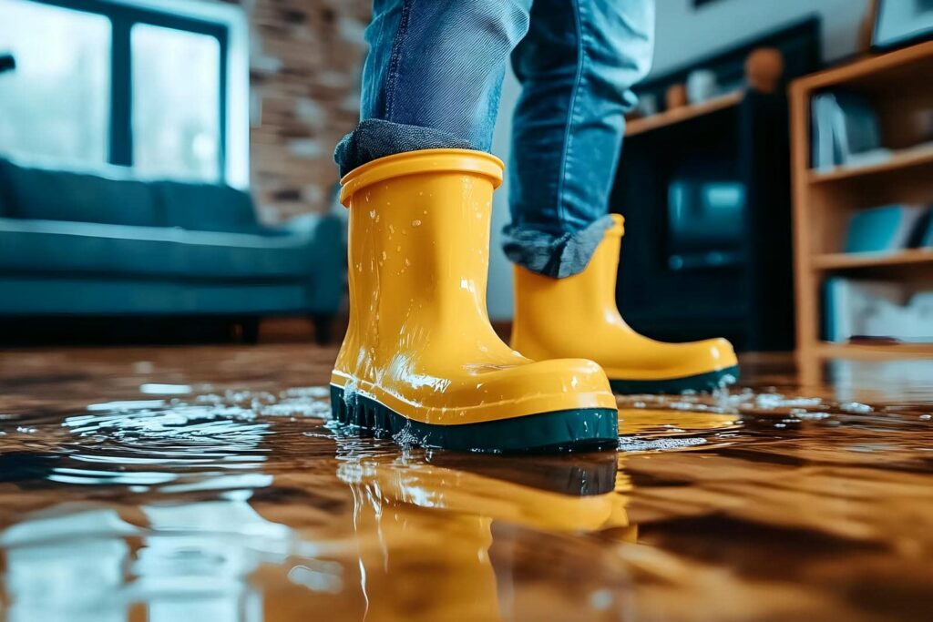 Person wearing yellow rain boots standing in a flooded indoor room with water on the floor.