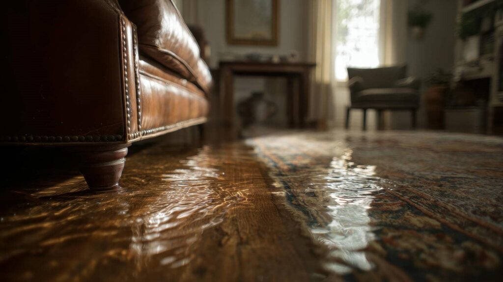 Water flooding a living room floor near a leather sofa and a patterned rug.
