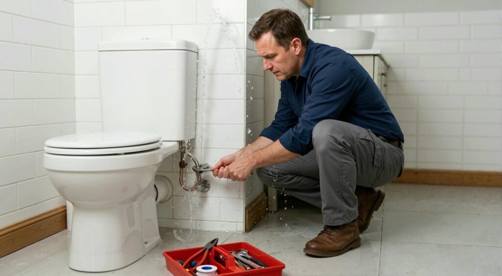 Man using a wrench to fix a leaking pipe behind a toilet with water spraying out.