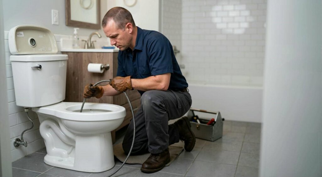 Plumber wearing gloves unclogs a toilet with a drain snake in a bathroom.
