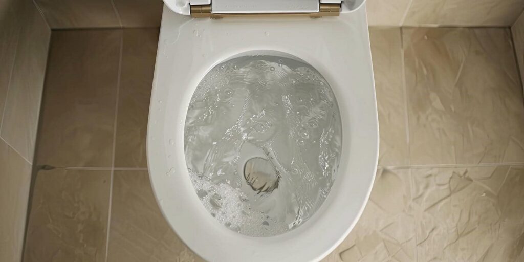 Toilet bowl flushing with water swirling inside.