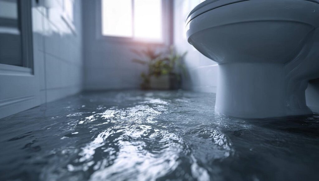 Bathroom floor flooded with water near a toilet base.