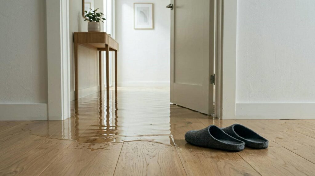 Water flooding a wooden floor in a hallway with a pair of gray slippers nearby.