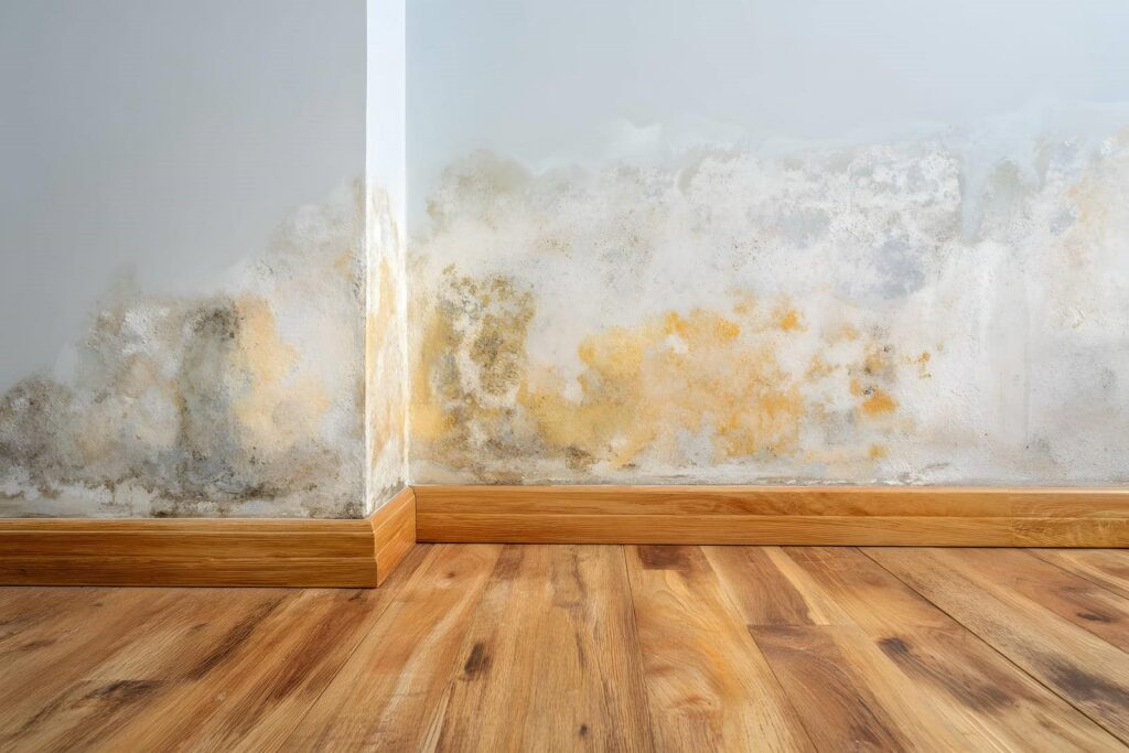 Mold and water damage on the lower part of white walls above wooden baseboards and floor.