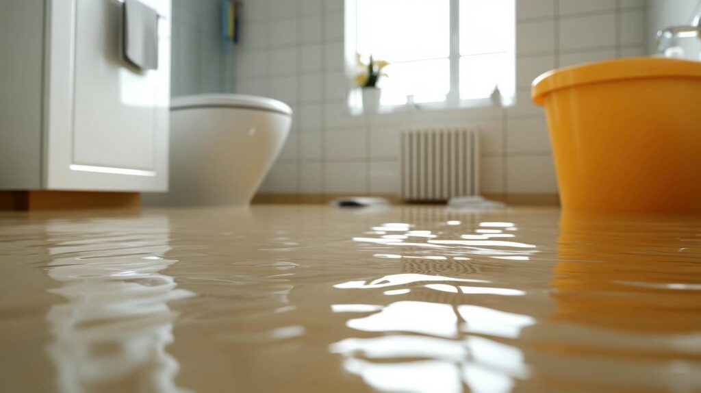Bathroom floor flooded with water near a toilet and an orange bucket.