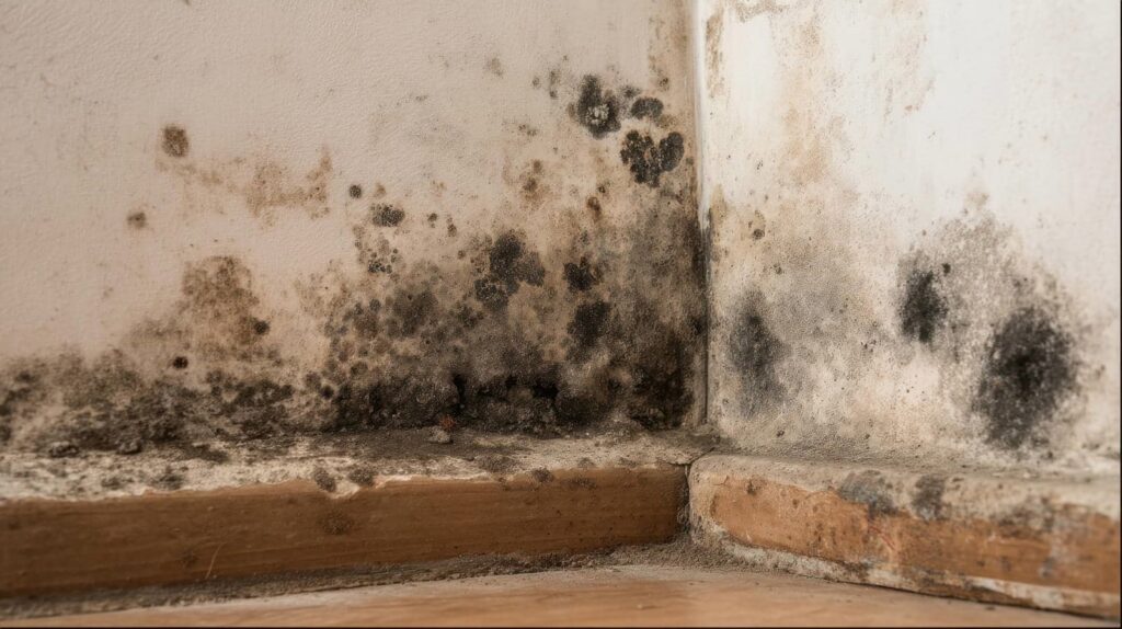 Black mold growth on the corner of a white wall and wooden baseboard.