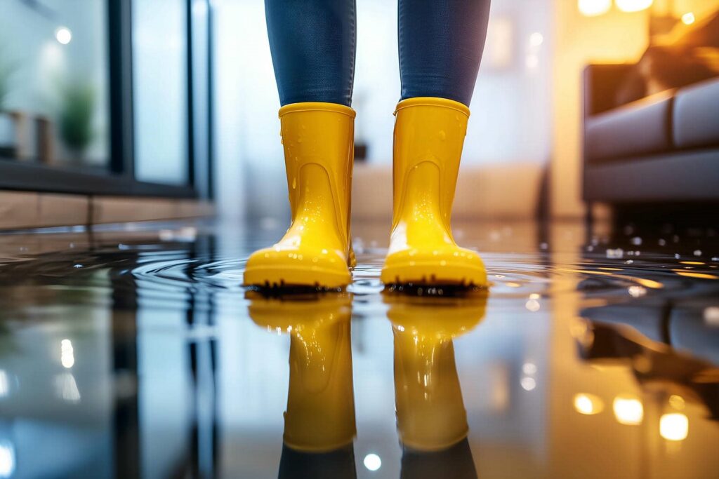Person wearing yellow rain boots standing in a puddle inside a flooded room.