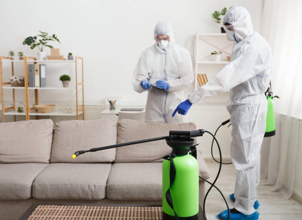 Two people in protective suits disinfect a living room with green sprayers.
