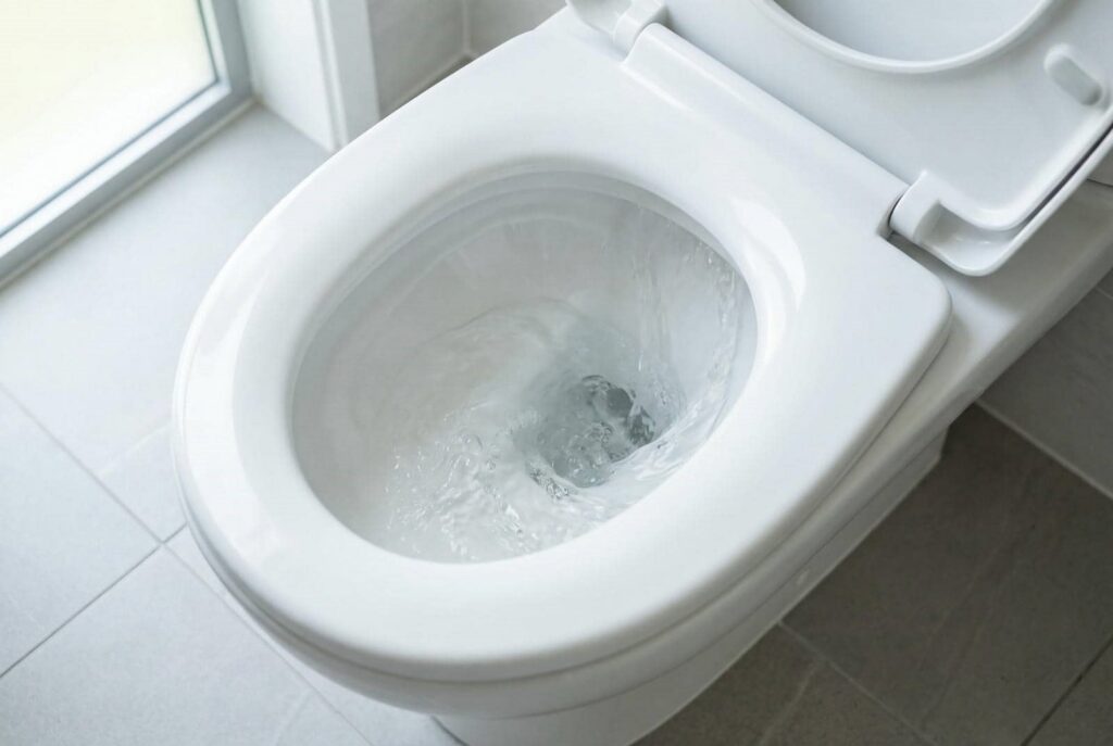 White toilet flushing with water swirling inside the bowl.