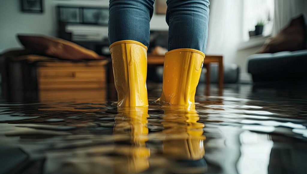 Person wearing yellow rain boots standing in a flooded living room with water covering the floor.