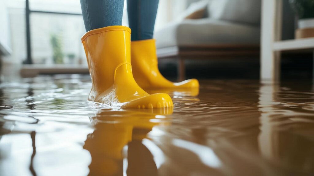 Person wearing yellow rain boots standing in a flooded indoor room with water covering the floor.