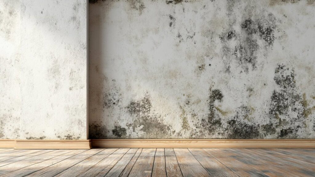 Wall with black mold stains above wooden baseboards and a wooden floor.