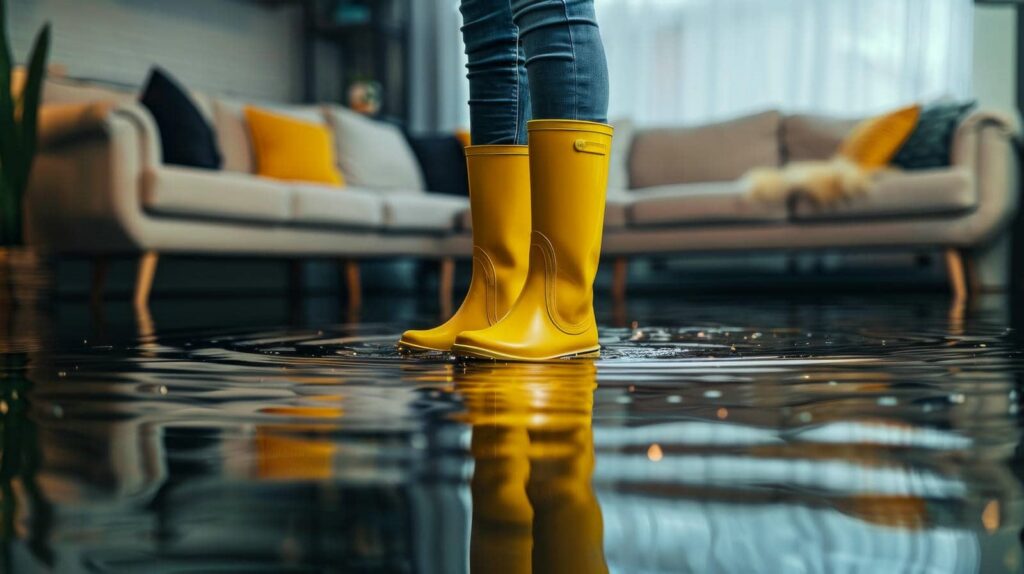 Person wearing yellow rain boots standing in a flooded living room with a sofa in the background.