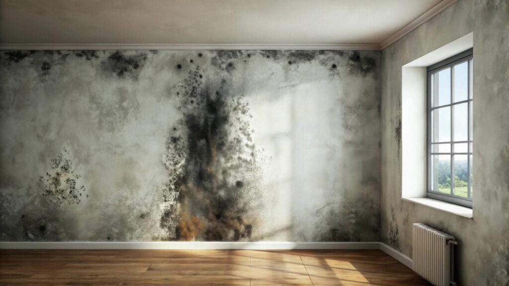 Wall with extensive black mold damage in an empty room with wooden floor and a window.
