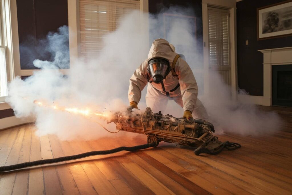 Person in protective suit using a fogging machine emitting smoke indoors.