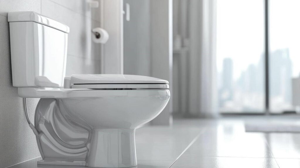 White closed toilet bowl in a modern bathroom with a blurred window view in the background.