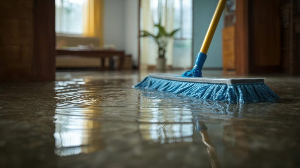 Blue mop cleaning water off a flooded indoor floor.