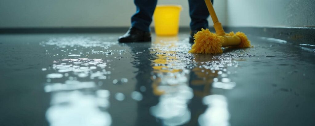 Person mopping a wet floor with a yellow mop and bucket in the background.