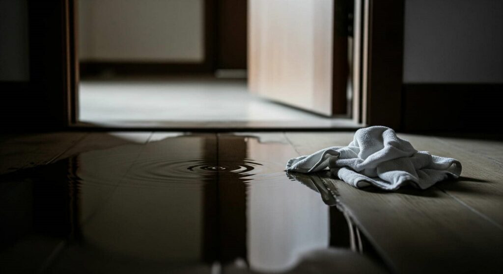Water spilled on a wooden floor near an open door with a white cloth beside the spill.