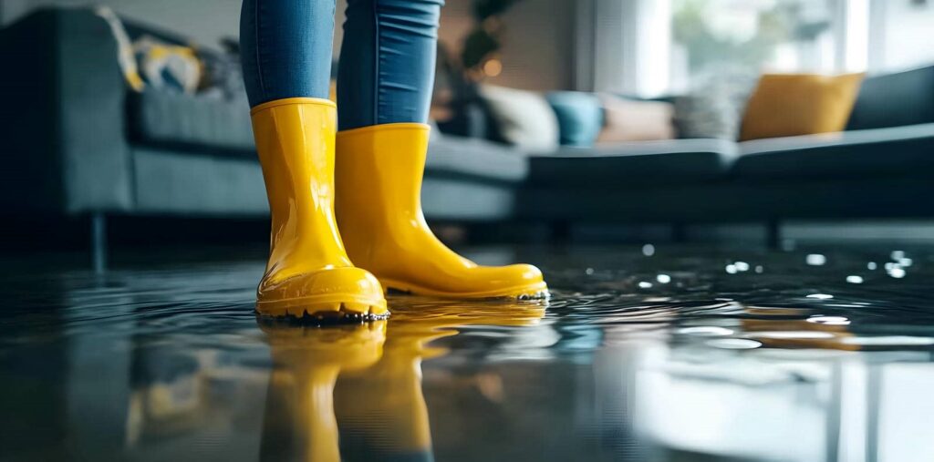 Person wearing yellow rain boots standing in a flooded living room with water on the floor.