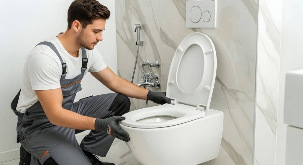 Man in work gloves and overalls installing or fixing a wall-mounted toilet in a bathroom.