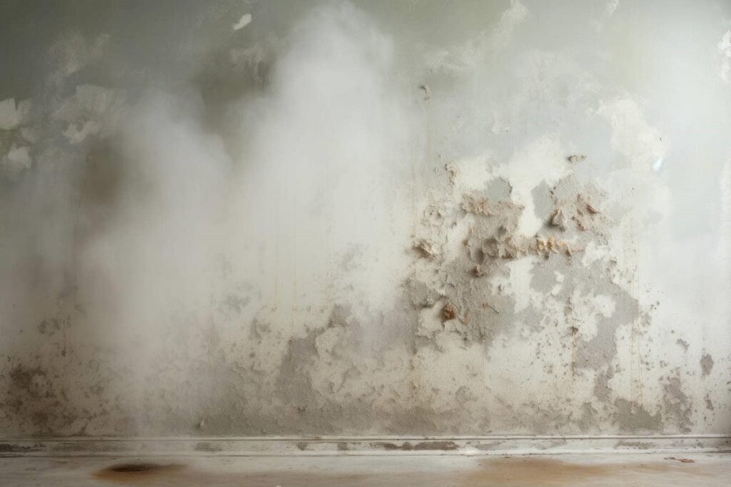 Wall with extensive mold and water damage near the floor.