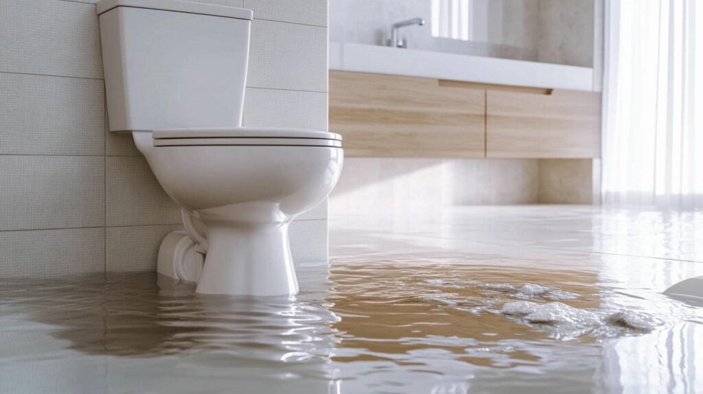 Bathroom floor flooded with water around a white toilet.