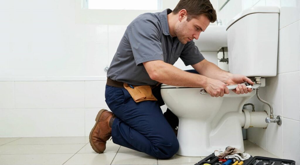 Plumber kneels fixing a toilet with a wrench in a tiled bathroom.